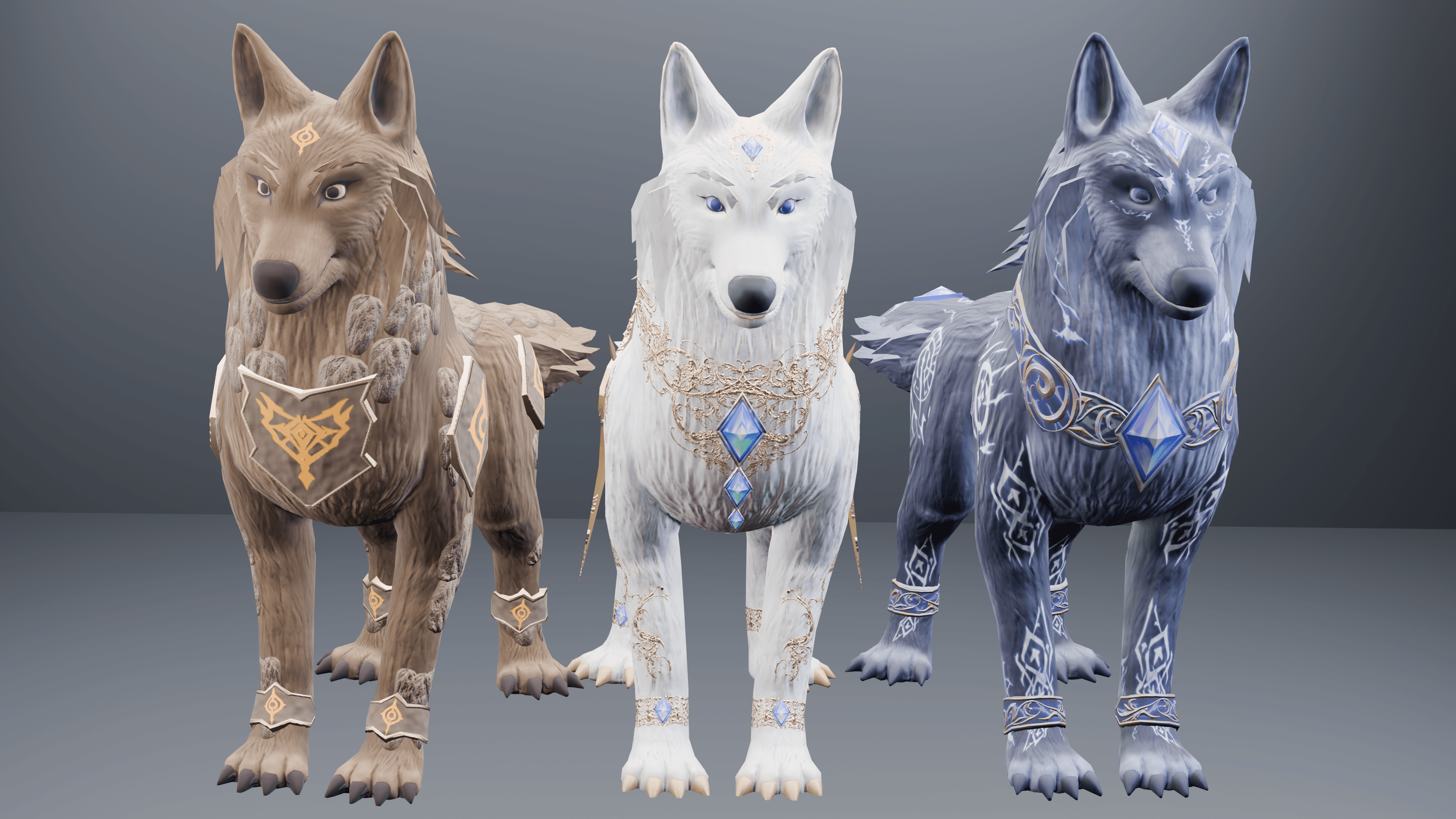 Brown, white, and blue wolf creature variants shown together