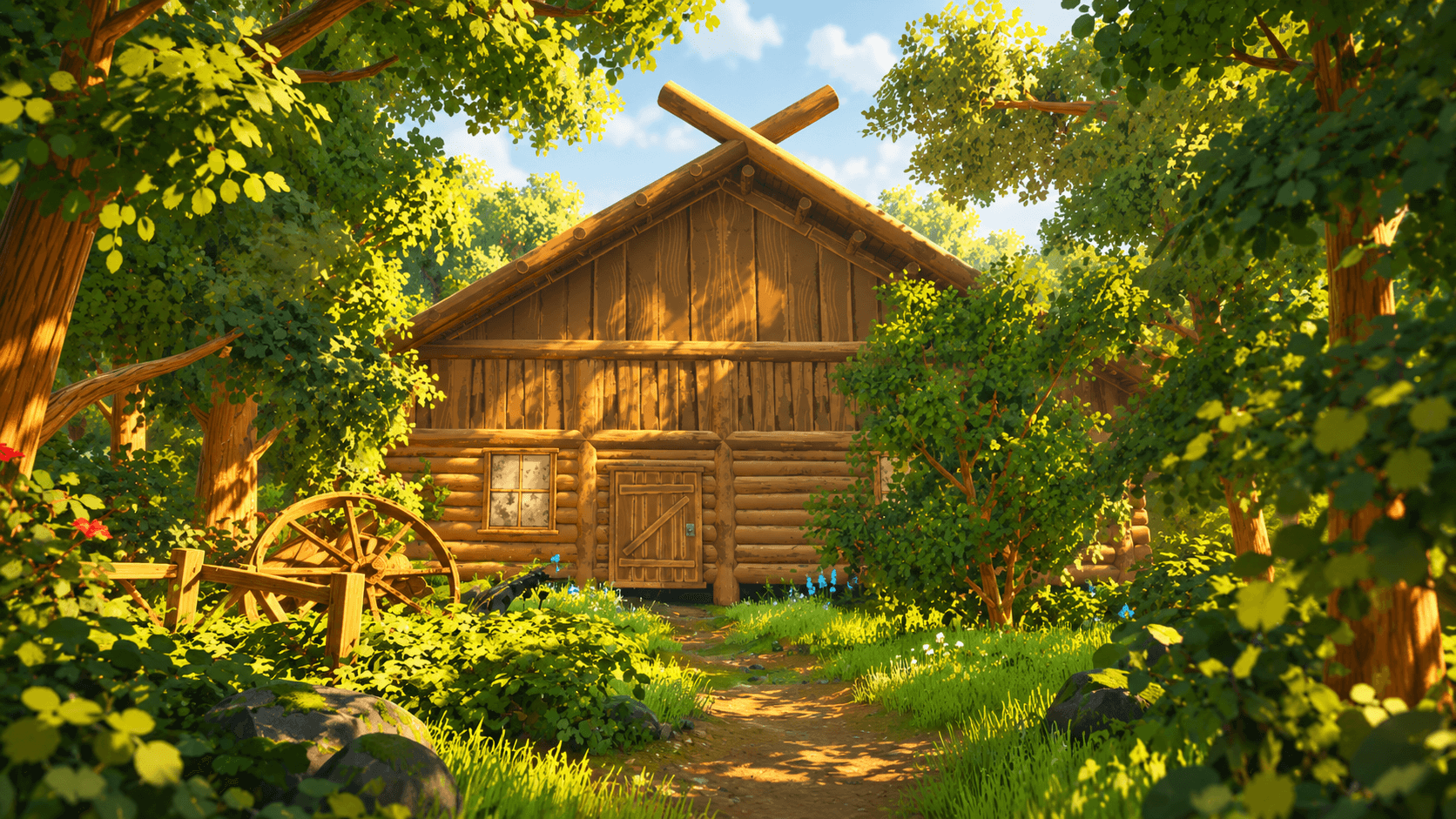 Sunlit woodland cabin surrounded by a bright stylized forest