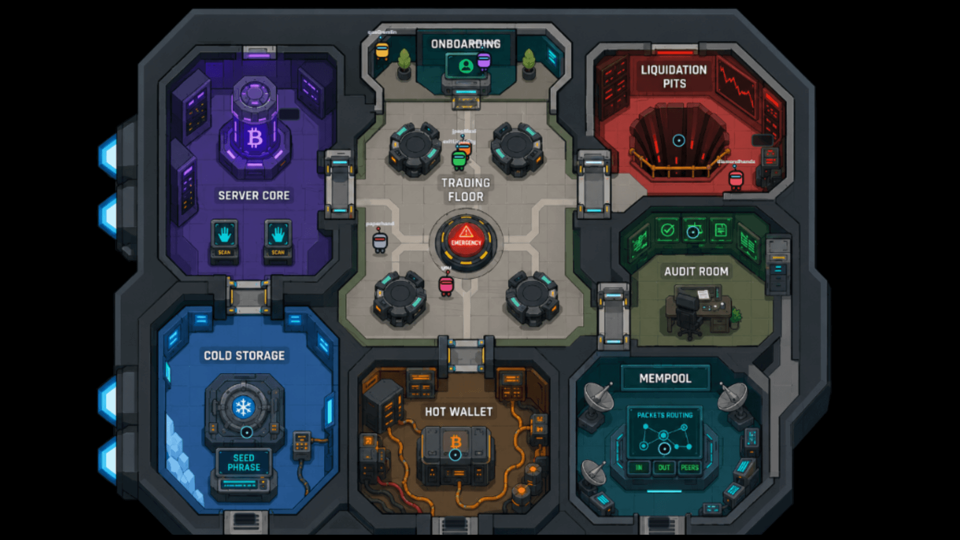 Colorful top-down social deduction game map and interface